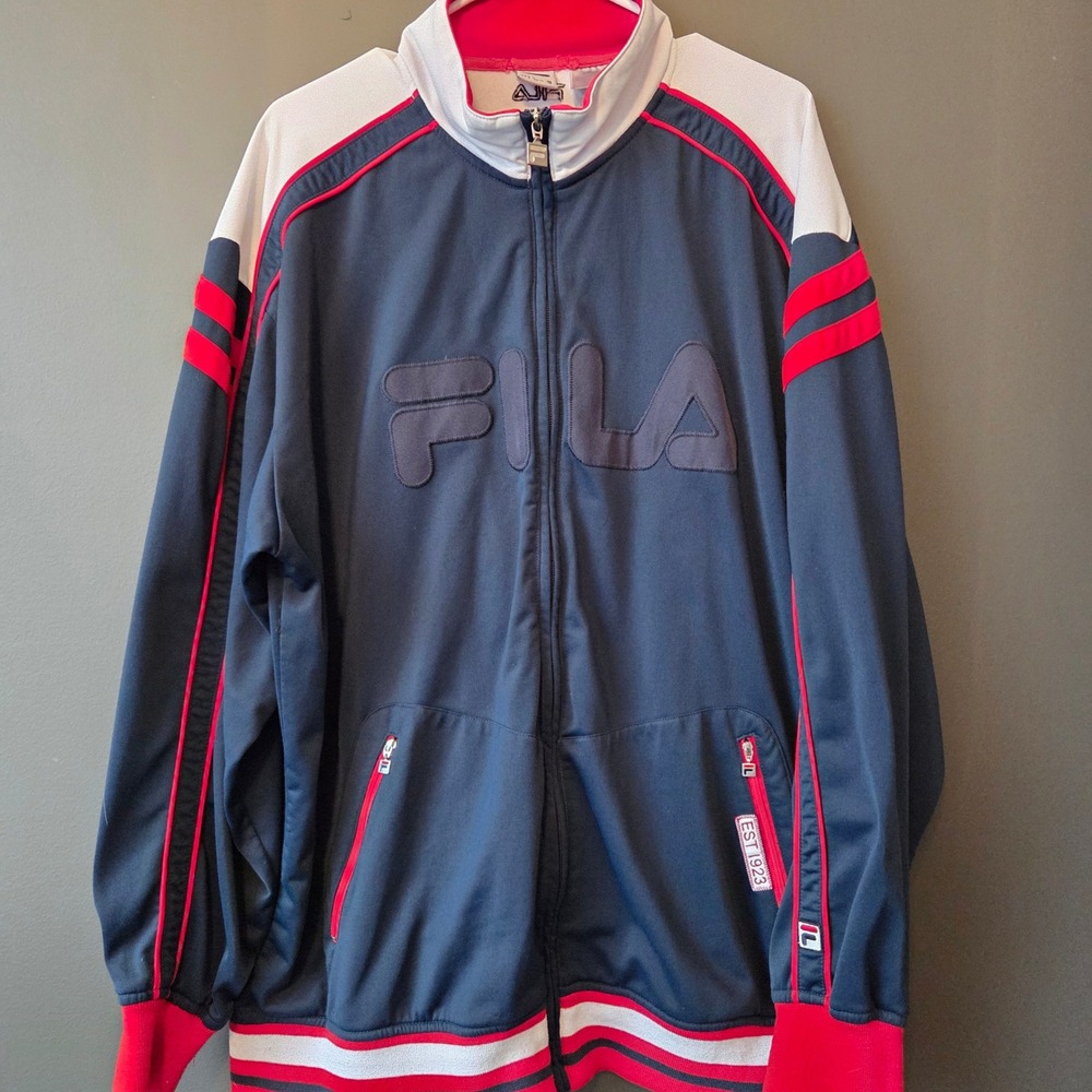 FILA Track Jacket Zip Up Navy Red White Logo Athletic Sportswear‎ Men L 90s Y2k